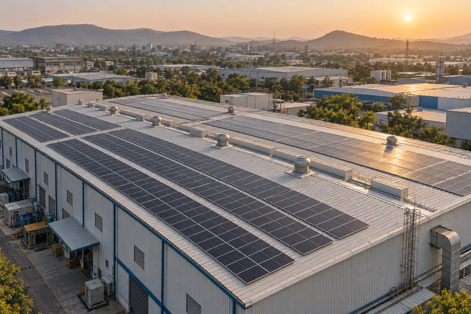 Rooftop solar panels on an industrial factory shed in Maharashtra