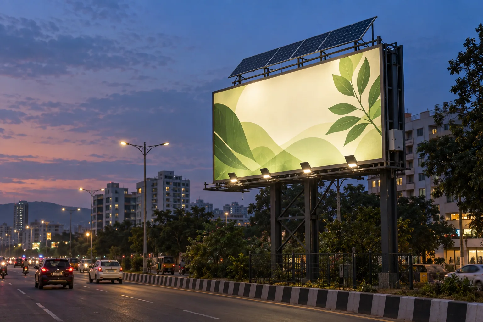 Solar powered advertising hoarding beside a highway in Maharashtra